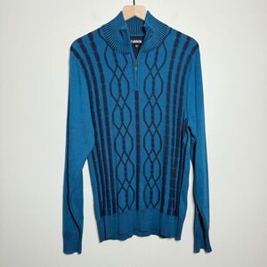 Carbon Mens Quarter Zip Sweater L Teal Blue Navy Geometric Cable Knit Cotton Y2K